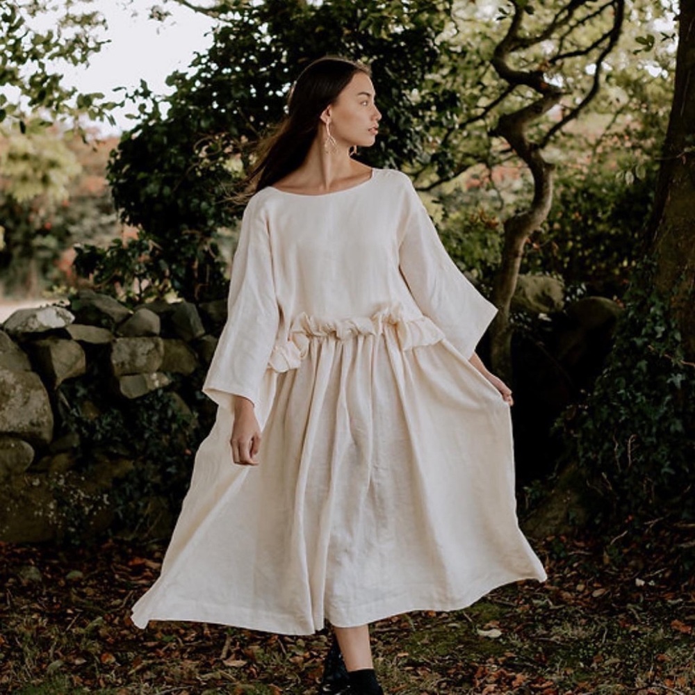 SOLD NEW Kindred of Ireland 100% Linen Ruffle Dress Mallow Small S/M - Picture 1 of 4